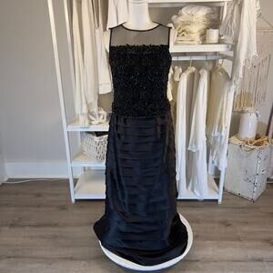 Montage by Mon Cheri Black Beaded Illusion Neck Midi Dress